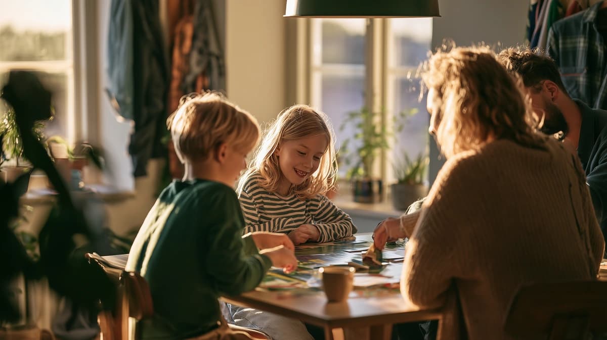 Familie som spiller brettspill rundt kjøkkenbordet i ettermiddagssol